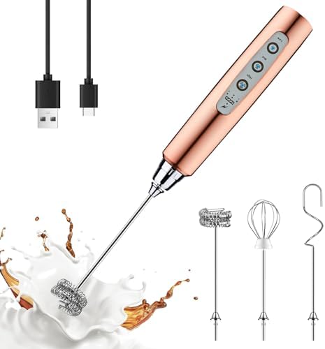 YUSWKO Rose Gold Handheld Milk Frother Wand for Coffee, Rechargeable Electric Whisk Drink Mixer Coffee Frother For Latte, Cappuccino, Hot Chocolate, Egg by YUSWKO