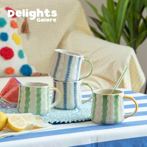 Striped Ceramic Coffee Mug Set of 4 (16oz) - Handmade Look Tea Cups with Yellow/Green Handles, Microwave Safe, Durable Daily Drinkware - Image 4