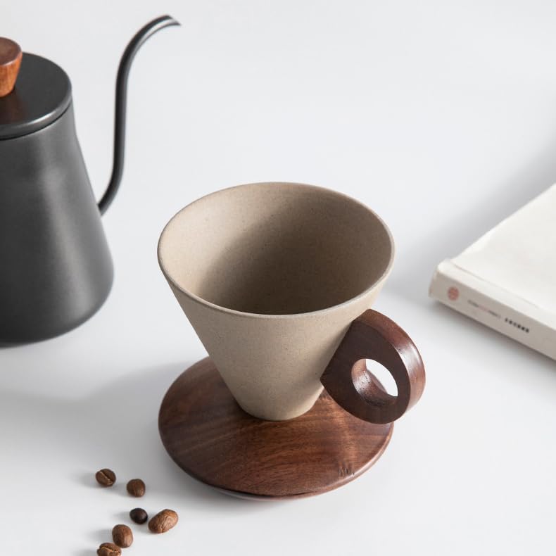 Farm Vintage Funnel Coffee Cups Set 7 Oz Ceramic Latte Mug With Saucer,Khaki Espresso Cups, Cappuccino Cups,Tea Cup with Wooden Saucer and Handle Set CM07 - Image 3