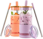 Pandaloo® Glass Cups With Lids and Straws -20 Fl Oz- Perfect Size Iced Coffee Cup - Smoothie Cup With Bamboo Lid and On the go Lid - Glass Tumbler (2 Count (Pack of 1), Peach Fuzz-Lilac Rhapsody) by Pandaloo