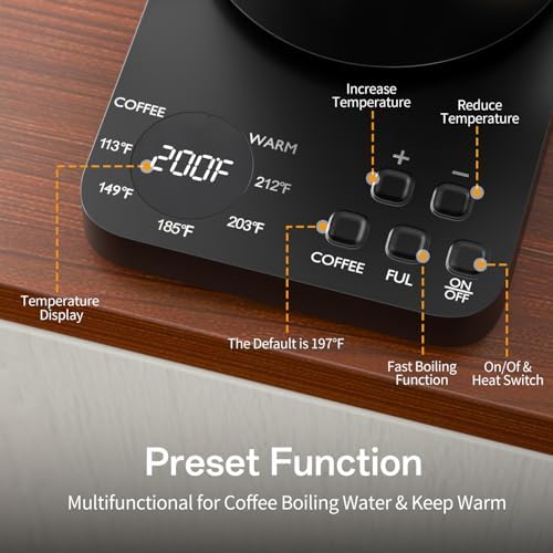 Gooseneck Electric Kettle, 5 Preset Temp Control, ±1℉ Precision, 1.0L Pour Over Kettle for Coffee & Tea, Stainless Steel Interior, 1200W, Black - Image 5