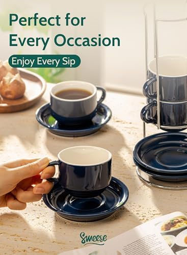 Sweese 8 Ounce Porcelain Stackable Cappuccino Cups with Saucers and Metal Stand - for Specialty Coffee Drinks, Cappuccino, Latte, Americano and Tea - Set of 4, Navy - Image 5