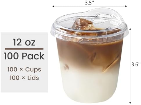 12 oz Round Bottom Clear Plastic Cups with Strawless Sip Lids, 100 Pack - Image 2