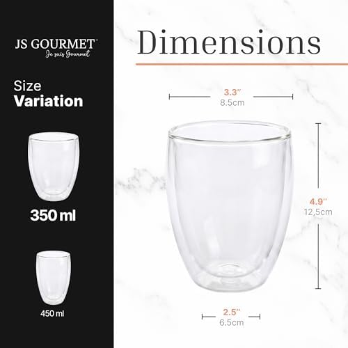 JS Gourmet Borosilicate Double Wall Glass Coffee Mugs - 12oz/350ml - 6 Pack - Image 3