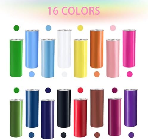 YOUKE OLA 16 Pack Skinny Tumblers 20oz Bulk Straight Stainless Steel Double Wall Vacuum Insulated Tumbler with Lid and Straw & Silicone Base for Travel, DIY, 16 Colors - Image 5