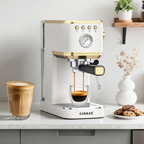 CHULUX Slim Espresso Machine with Milk Frother for Home Latte, White & Gold - Image 5