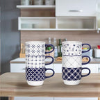 Schliersee 12 OZ Stackable Ceramic Coffee Mugs set of 6, Geometric Floral Pattern Small Mug, Blue White Porcelain Coffee Mug, Stacking Coffee Mugs, Tea Mug, Water Cup, Dishwasher Safe, Microwave Safe - Image 3