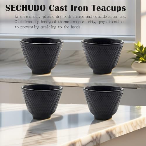 Japanese Cast Iron Tea Cups, Small and Heavy Teacups with no Handles, Japanese Style Cup for Adults, Asian Teacup, Coated with Enameled Interior, 4 Pcs/Box (Black, 3.38oz/100ml) - Image 7