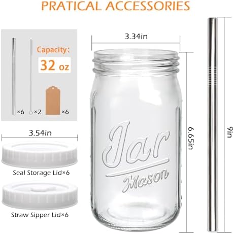 Mapoxy 32oz Mason Jars Cups with Plastic Lids & Straws 6 Pack - Image 3