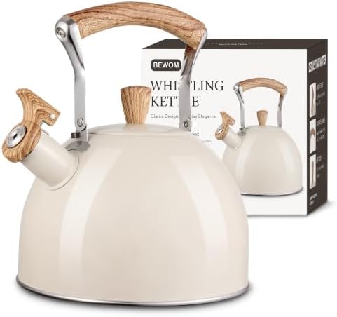 Tea Kettle for Stove Top, 3.2 Quart / 3 Liter Whistling Tea Kettle, Stainless Steel Tea Pot with Wood Pattern Folding Handle, Beige by Unknown
