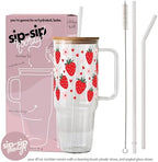 Sip-Sip Hooray! Strawberry Floral 40oz Glass Tumbler with Handle, Lid and Straw, Cute Summer Iced Coffee Cup, Gift for Women, Berry Flower Aesthetic - Image 3