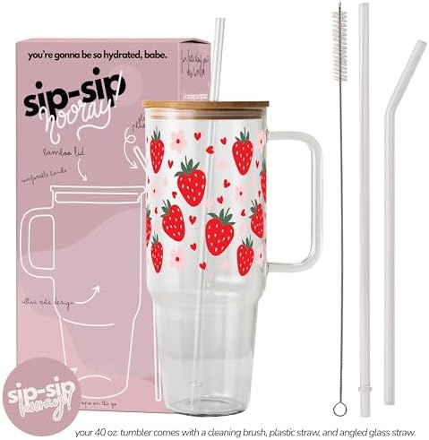 Sip-Sip Hooray! Strawberry Floral 40oz Glass Tumbler with Handle, Lid and Straw, Cute Summer Iced Coffee Cup, Gift for Women, Berry Flower Aesthetic - Image 3