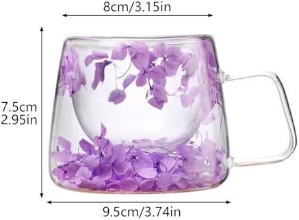 Double Wall Glass Coffee Mug with Dry Flowers, 200ml Clear Tea Cup(Purple) - Image 3
