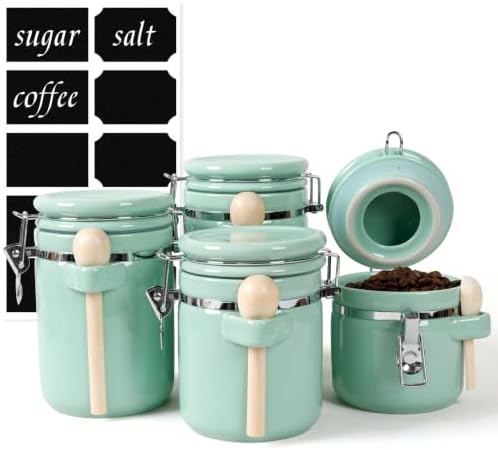 4 Piece Airtight Ceramic Canister Set With Attached Wooden Spoon Reusable Chalk Labels For Dry Goods Sugar Coffee Tea Kitchen Storage Use (Mint Green) by TryitBuyitYoulllikeit
