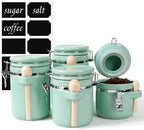 4 Piece Airtight Ceramic Canister Set With Attached Wooden Spoon Reusable Chalk Labels For Dry Goods Sugar Coffee Tea Kitchen Storage Use (Mint Green) by TryitBuyitYoulllikeit