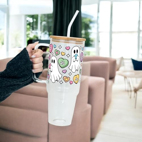 Sip-Sip Hooray! Ghost Candy Heart 40oz Glass Tumbler with Lid and Straw - Image 3