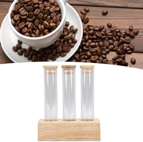 Coffee Bean Storage Tubes, Airtight Single Dose Cellars Organizer for Home Cafe Clear Glass Walnut Wood Stand 12 Pack 2 oz 3 Hole - Image 4
