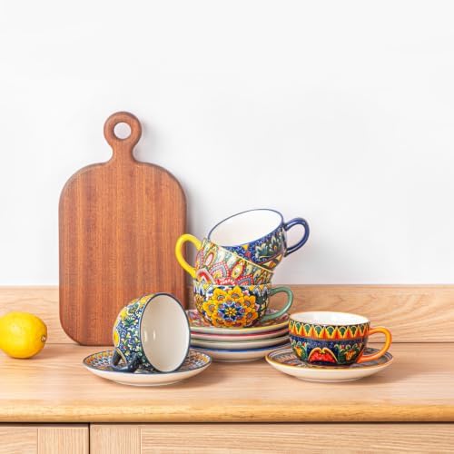 Henten Home Ceramic 8.5 oz Tea Cup Set, Latte Cup with Saucers Set of 2 - Image 3