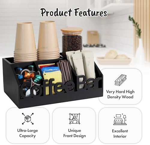 Coffee Bar Organizer Countertop, Wood Tea & Coffee Pod Station Caddy, Black - Image 3