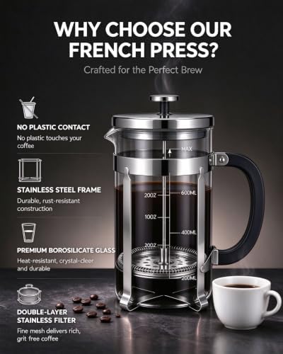 French Press Coffee Maker 304 Stainless Steel Double Mesh Filter, Borosilicate Glass French Press-34oz silver - Image 5