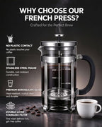 French Press Coffee Maker 304 Stainless Steel Double Mesh Filter, Borosilicate Glass French Press-34oz silver - Image 5