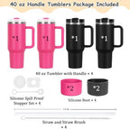 4 Pack 40 Oz Tumblers with Handle Bulk, Double Wall Vacuum Insulated Stainless Steel Tumblers with Lid and Straw, 40 oz Cup with Silicone Spill Proof Stopper Set (Black-2,Hot Pink-2) - Image 5