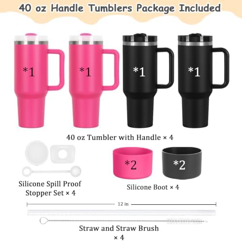 4 Pack 40 Oz Tumblers with Handle Bulk, Double Wall Vacuum Insulated Stainless Steel Tumblers with Lid and Straw, 40 oz Cup with Silicone Spill Proof Stopper Set (Black-2,Hot Pink-2) - Image 5