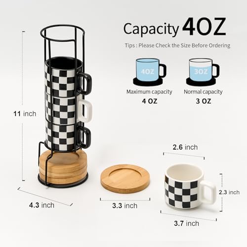 LUKA Ceramic Stackable Black and White Checkered Espresso Cups with Saucers and Metal Stand, 4 Ounce Small Demitasse Cups Set for Coffee Drinks, Latte, Tea - Set of 4 - Image 2