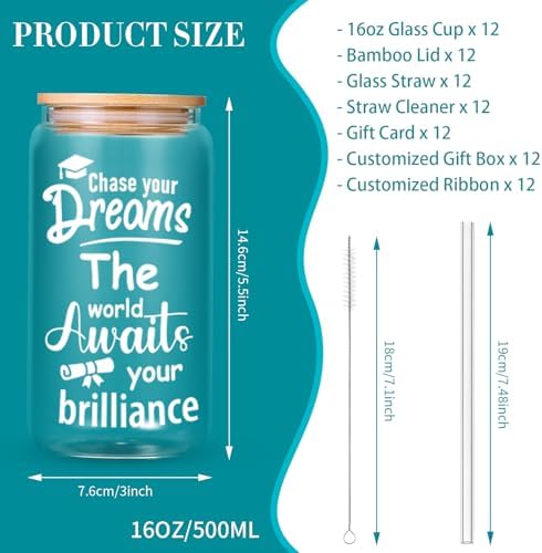 12-Pack Graduation Gifts Glass Cups, 16 oz Graduate Cups with Lid - Image 6