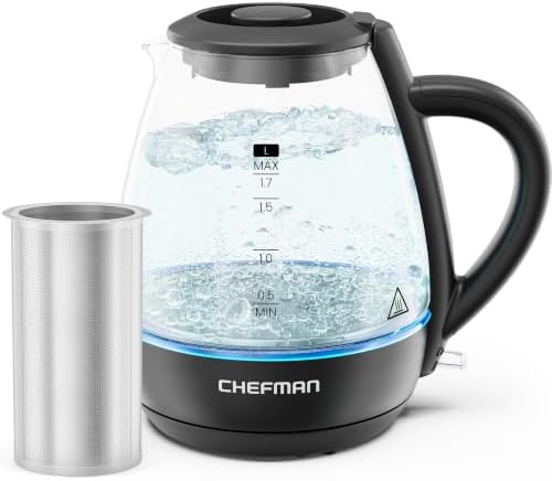 Chefman Electric Kettle with Tea Infuser, 1.7L 1500W, Removable Lid for Easy Cleaning, Boil-Dry Protection, Stainless Steel Filter, BPA Free, Auto Shut Off Hot Water Boiler, Glass Electric Tea Kettle by Chefman