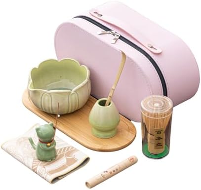Matcha Whisk Set, Zen Travel Ceremony Kit with Cat Figurine & Incense, 9-Piece Portable Set with Bowl, Bamboo Whisk & Bag (A) by Unknown