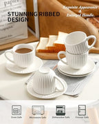 Hasense Ceramic Cappuccino Cups and Saucers - 8 Oz, Large Ribbed Latte Cups Set of 4 for Coffee,Tea,Latte and Macchiato, Demitasse Cups Set Aesthetic Gifty, White - Image 4