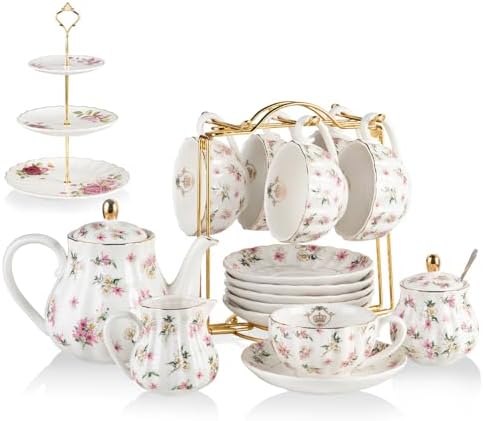 Porcelain Tea Sets British Royal Series, 8 OZ Cups& Saucer Service for 6, with Teapot Sugar Bowl Cream Pitcher Teaspoons and tea strainer for Tea/Coffee with 3 Tier Ceramic Cake Stand by Sweejarco1949