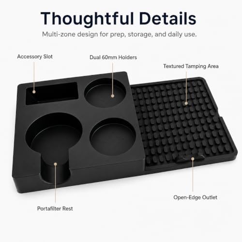Espresso Tamping Station Mat with Tool Organizer, Silicone Coffee Tamper Mat with 70mm Portafilter Rest, Dual 60mm Holders, Drainage Outlet, Black, 12.4 x 6.2 in - Image 5