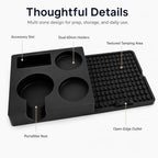 Espresso Tamping Station Mat with Tool Organizer, Silicone Coffee Tamper Mat with 70mm Portafilter Rest, Dual 60mm Holders, Drainage Outlet, Black, 12.4 x 6.2 in - Image 5