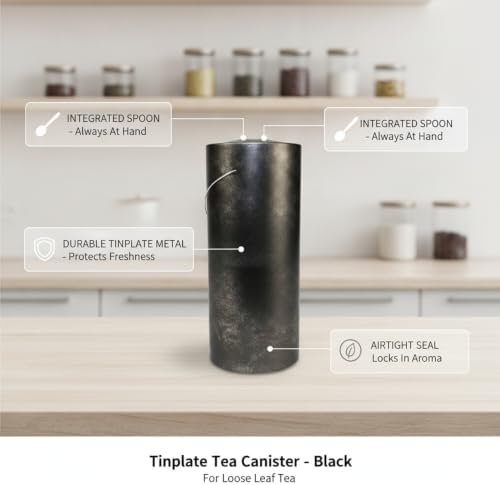 Food Storage Canister with Built-in Scoop, Round Tinplate Metal Jar for Loose Leaf Tea Organization, Black Finish - Image 5
