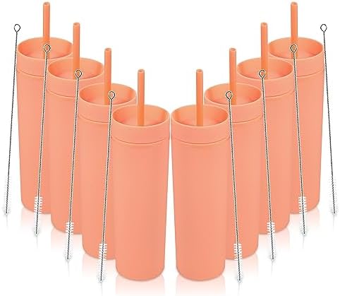 Volhoply 16oz Plastic Skinny Tumbler with Lid and Straw Bulk 8 Pack,Insulated Double Wall BPA Free Matte Acrylic Tumblers,Iced Coffee Travel Mug Reusable Party Cup,Customizable Diy Gifts(Orange,8 Set) by LiveFully%EF%BC%8CDrinkFreely%E2%80%94KeepGoingwithVolhoply%EF%BC%81