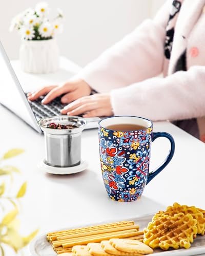 vancasso Ceramic Tea Mug with Infuser and Lid, 18 Ounce Bohemian Loose Leaf Cup, Microwave & Dishwasher Safe, Perfect for Tea, Coffee, Royal-Crimson Flourish - Image 6