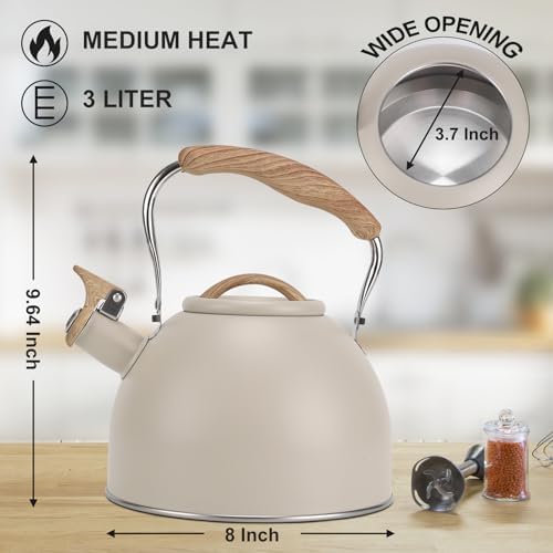 Tea Kettle, Vegoran 100 OZ / 3 Liter Whistling Tea Kettle, Tea Pots for Stove Top Food Grade Stainless Steel with Wood Pattern Folding Handle, Loud Whistle Kettle for Tea, Coffee, Milk (Milk White) - Image 3