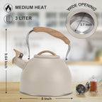 Tea Kettle, Vegoran 100 OZ / 3 Liter Whistling Tea Kettle, Tea Pots for Stove Top Food Grade Stainless Steel with Wood Pattern Folding Handle, Loud Whistle Kettle for Tea, Coffee, Milk (Milk White) - Image 3
