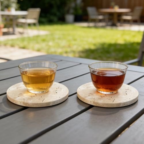 JOLENE.K Absorbent Natural Travertine Marble Drink Drink Mats, Set of 4-4-Inch Round Stone Drink Mat Set - Non-Slip Cork Backing, Spot & Mark Resistant Table Protectors - Tufa Natural Color - Image 5
