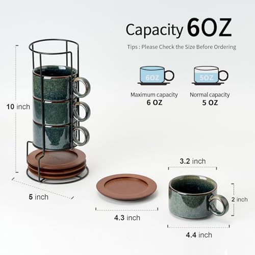 LUKA 6 Ounce Porcelain Stackable Espresso Cups with Saucers and Metal Stand Set of 4, Ceramic Cappuccino Cups Set for Specialty Coffee Drinks, Latte, Cafe Mocha and Tea, Kiln Tide Glaze - Image 3