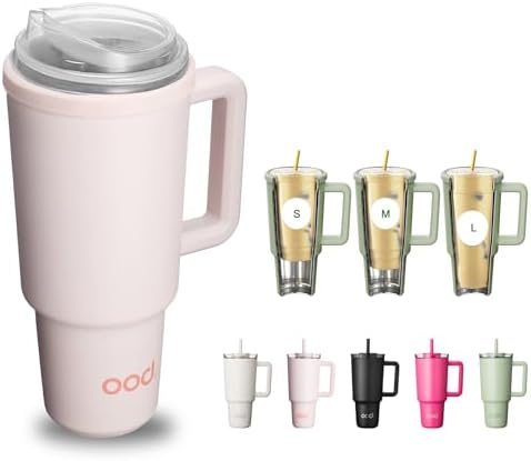 OOD OniVerso 40 oz Stainless Steel Insulated Tumbler with Handle and Straw, Iced Coffee Cup Holder for Disposable Cups, Leak Proof Tumbler, Downtown Blush (Light Pink) by OOD