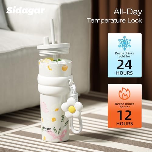 SDGA+ 24 oz Stainless Steel Tumbler with Lid and Straw, Insulated Water Bottle Leak Proof for Hot and Cold, Portable Travel Coffee Mug, Reusable Coffee Cup for Women, Blooming Daisy - Image 5
