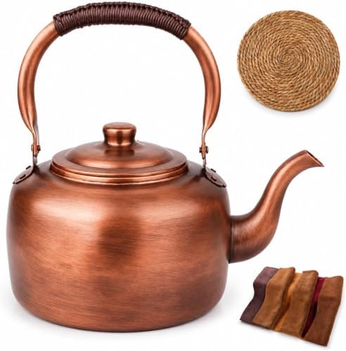 Vintage Copper Tea Kettle, Whistling Stovetop Water Pot with Rope Handle by Unknown