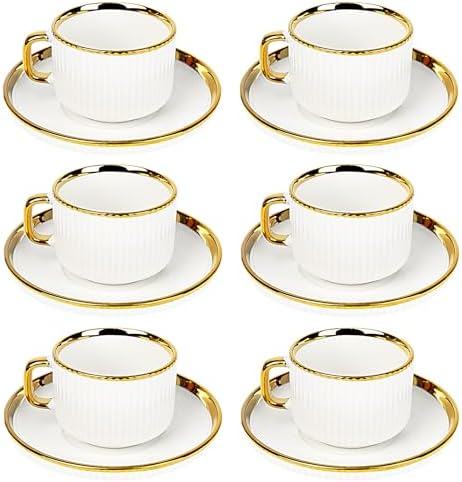 ALIMOTA 3oz White Gold Ceramic Coffee Mug Set of 6, Latte Mugs with Saucers, White Latte Cups and Espresso Mug for Specialty Coffee Drinks, Latte, Cafe Mocha, Tea by YourLifeCollector