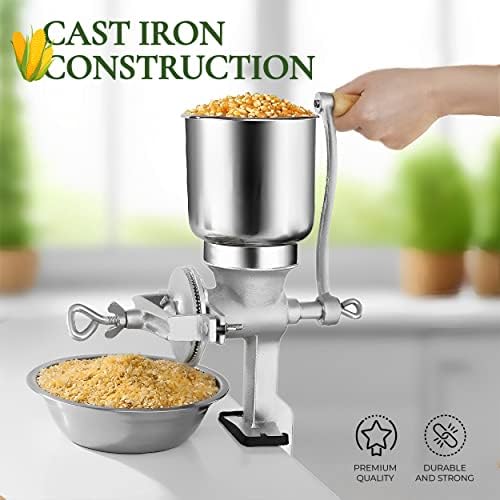 Alpine Cuisine Manual Cast Iron Coffee Grinder 17" High Hopper Multi-Purpose Mill for Corn Nuts Wheat Spices Seed Herbs Heavy Duty for Kitchen Homes & Restaurant, Silver - Image 3