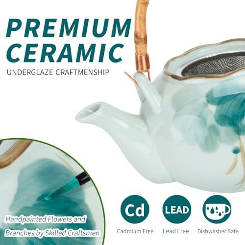Japanese Tea Set Porcelain Tea Set with Teapot and Tea Cup Set for 4, Green and White Tea Sets for Adults with Stainless Infuser and Bamboo Tray, Asian Tea Set for Tea Lovers/Women/Men (Lotus) - Image 2