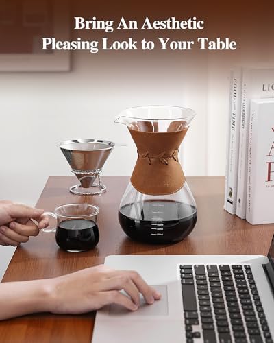 Pour Over Coffee Maker with Double-Layer Stainless Steel Filter - 27 oz Pour Over Coffee Dripper with Leather Collar, Heat Resistant 5 Cups Glass Coffee Carafe with Cork Lid for Hand Brewing Lovers - Image 2