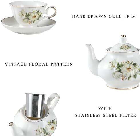 Sweejar Porcelain Tea Set Vintage Floral, British Relief Gold Rim Teapot Cup and Saucer Sets, 22-Piece Tea Sets for Adults, with Teapot, Sugar Bowl, Milk Jug, Spoons, Cup and Saucer (Camellia) - Image 2